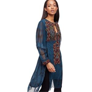 Free People Teal Embroidered Sheer Tunic with Multicolor Beading